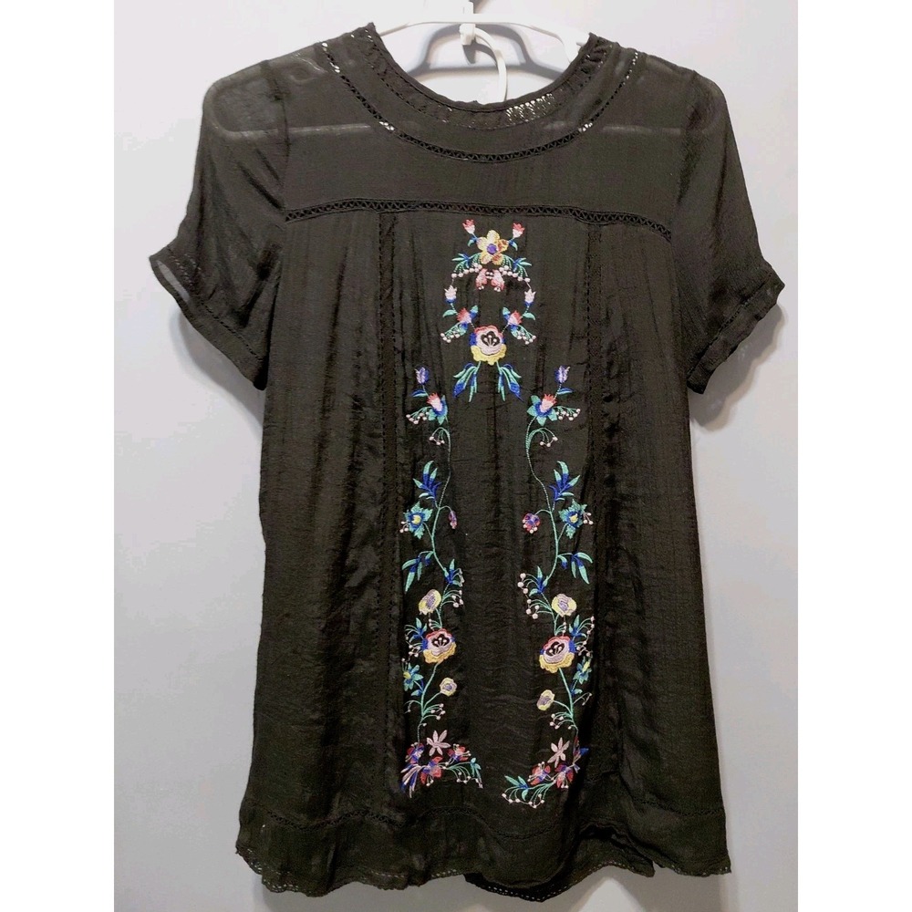 Beachy Vacation Embroidered Black Dress Size Large Gauzey Festival Resort